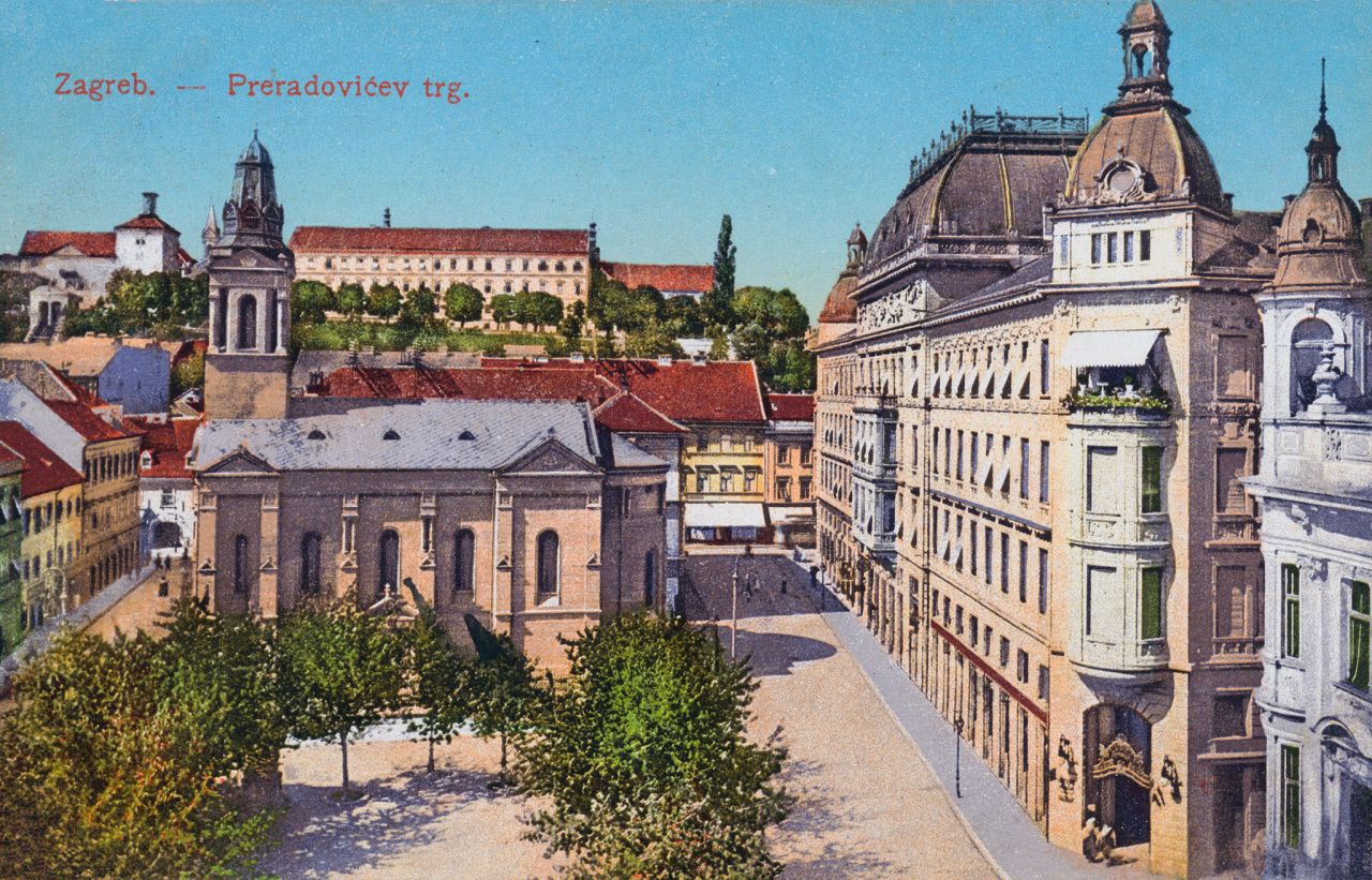 Trg Petra Preradovića oko 1915. godine, kolorirana razglednica